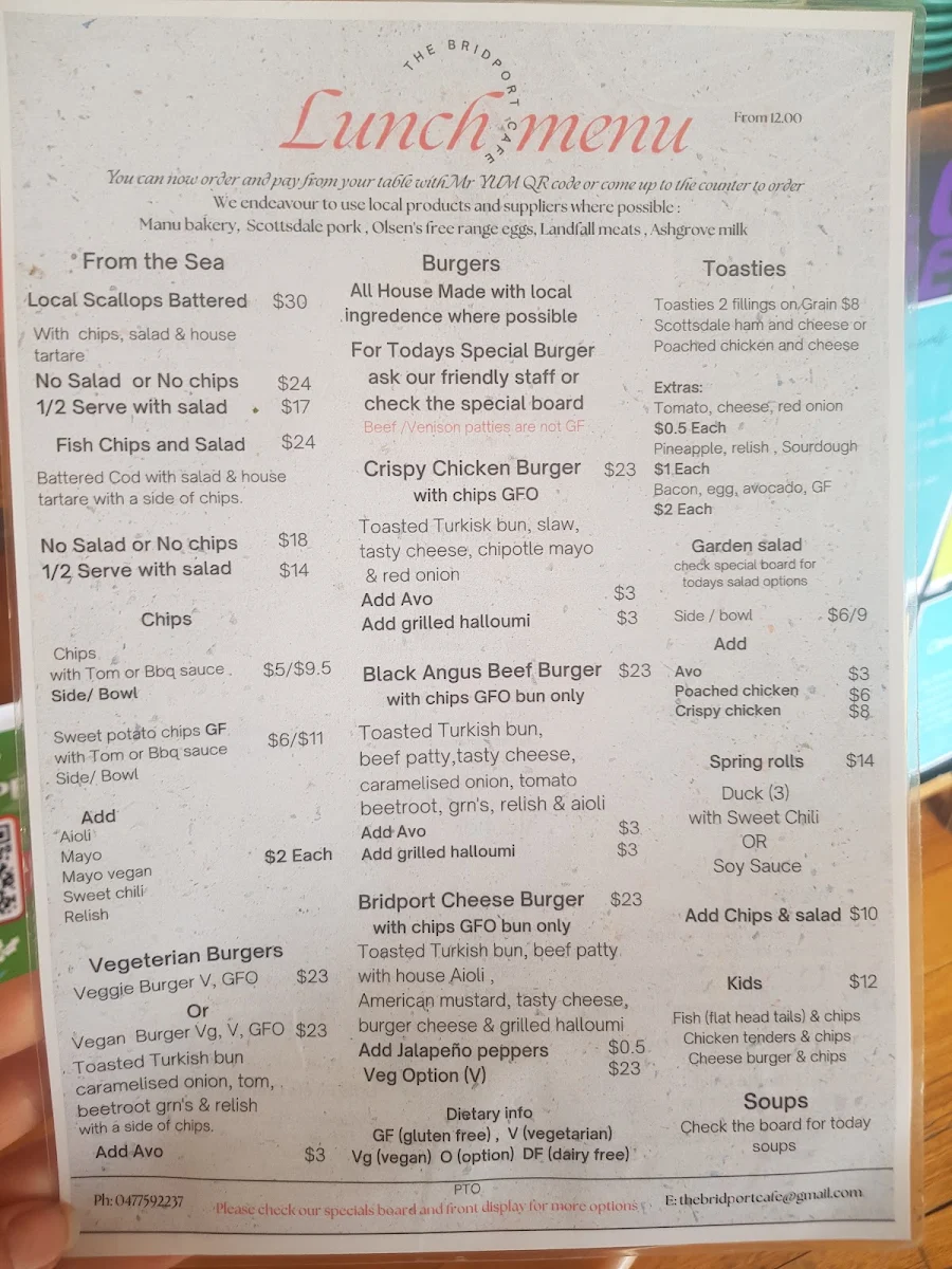 Menu, The Bridport Cafe