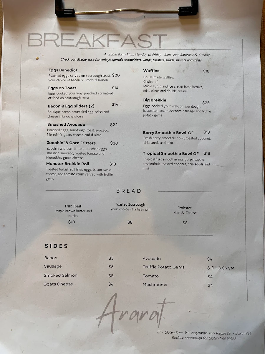 Menu, The Ararat Hotel Cafe Bistro