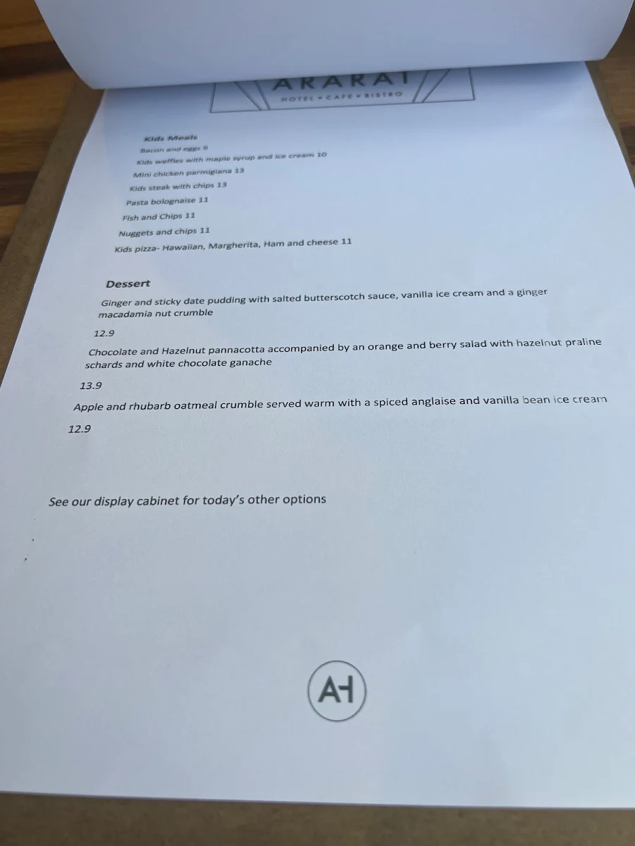 Menu, The Ararat Hotel Cafe Bistro