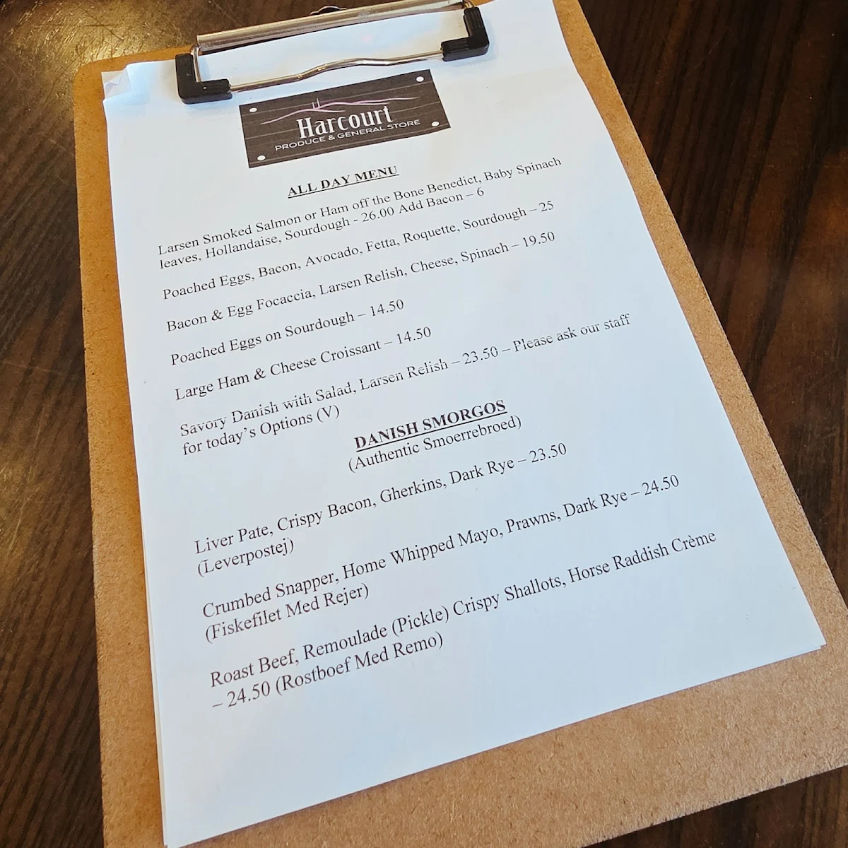 Menu, Harcourt Produce & General Store