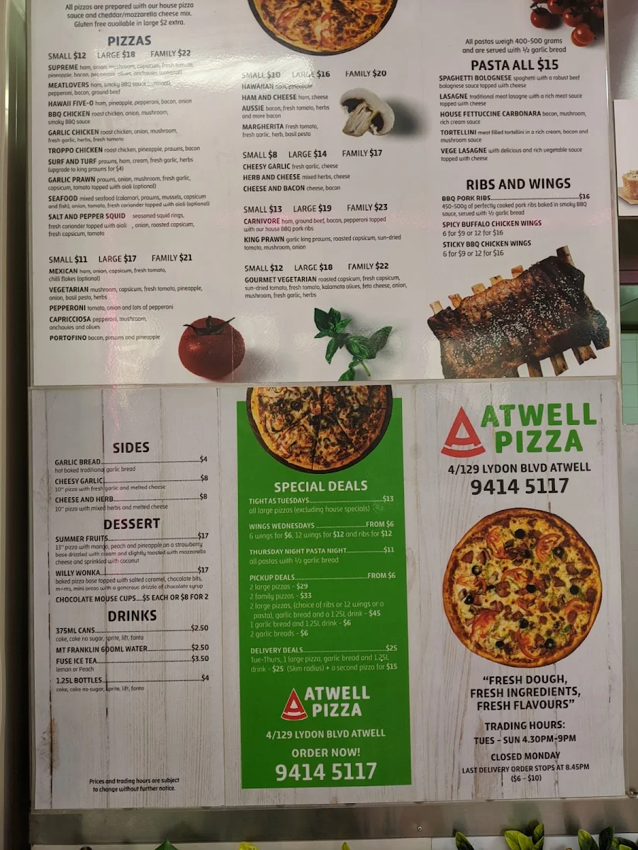 Menu, Atwell Pizza and Pasta