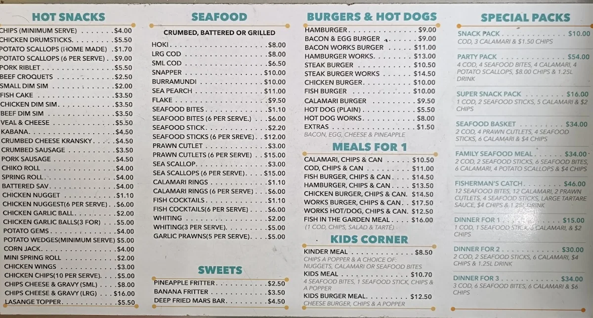 Menu, Lawnton Seafood