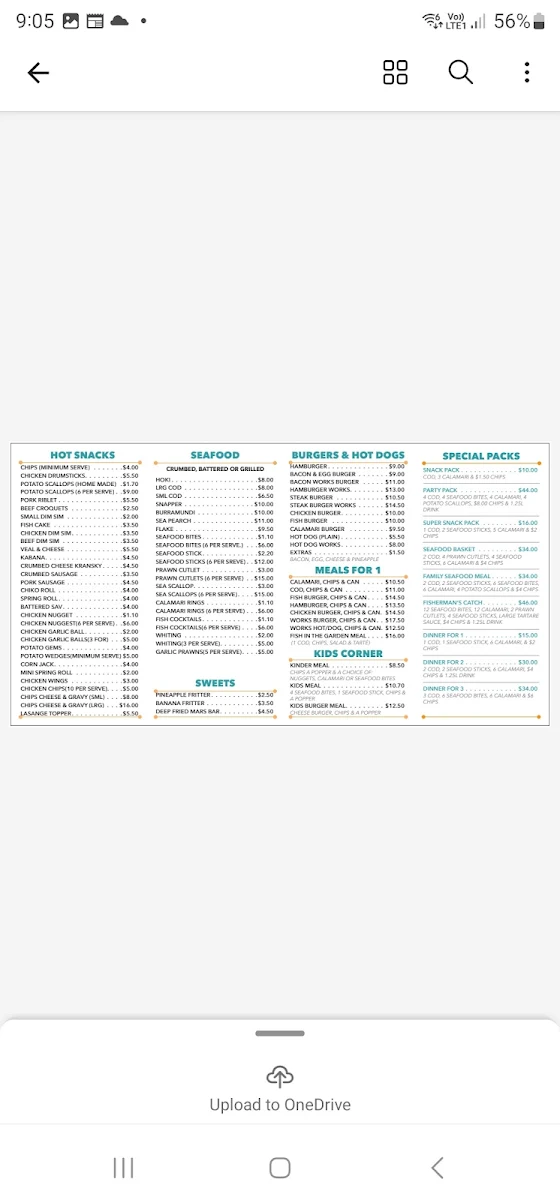 Menu, Lawnton Seafood