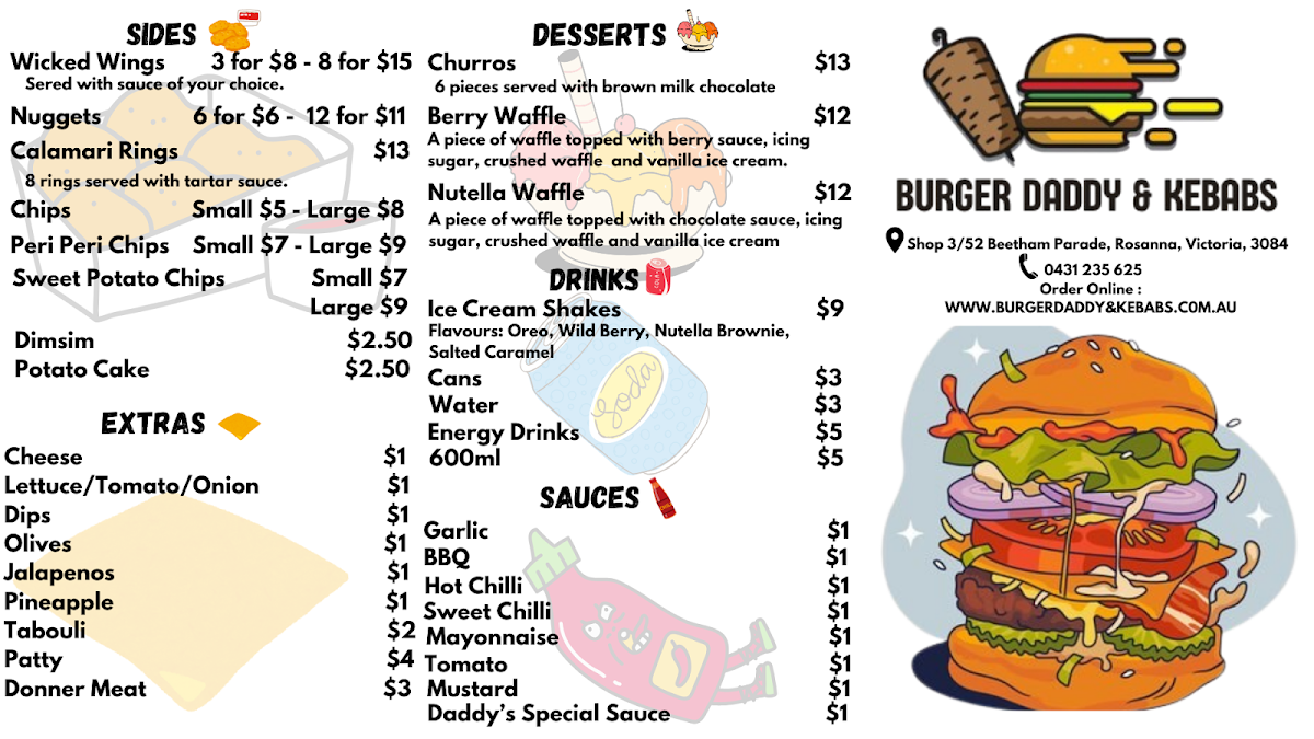 Menu, Burger Daddy & Kebab