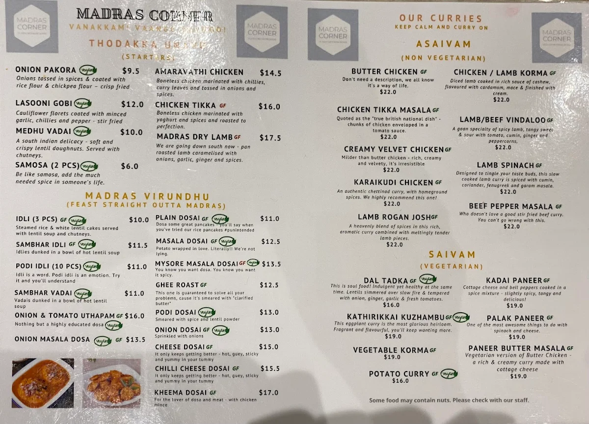 Menu, Madras Corner