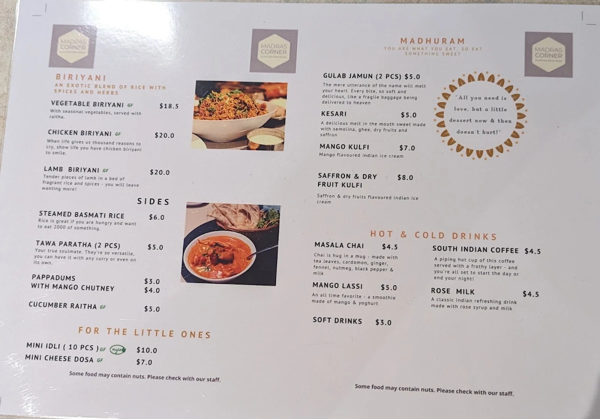Menu, Madras Corner