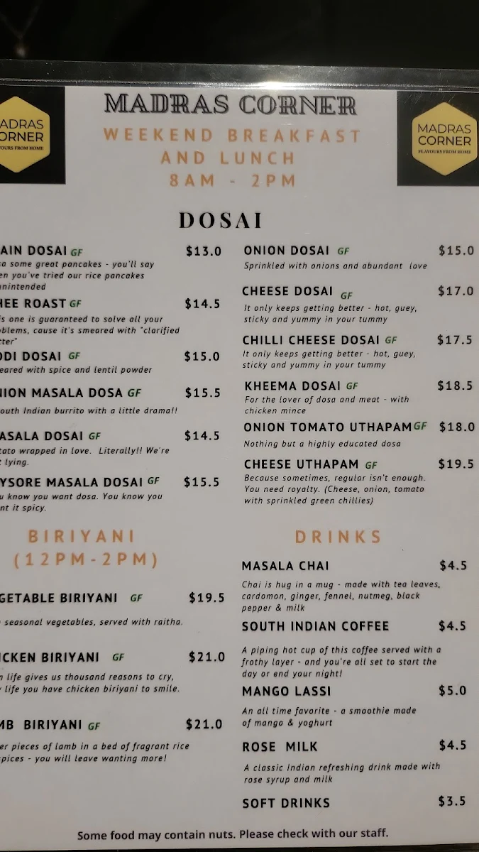 Menu, Madras Corner