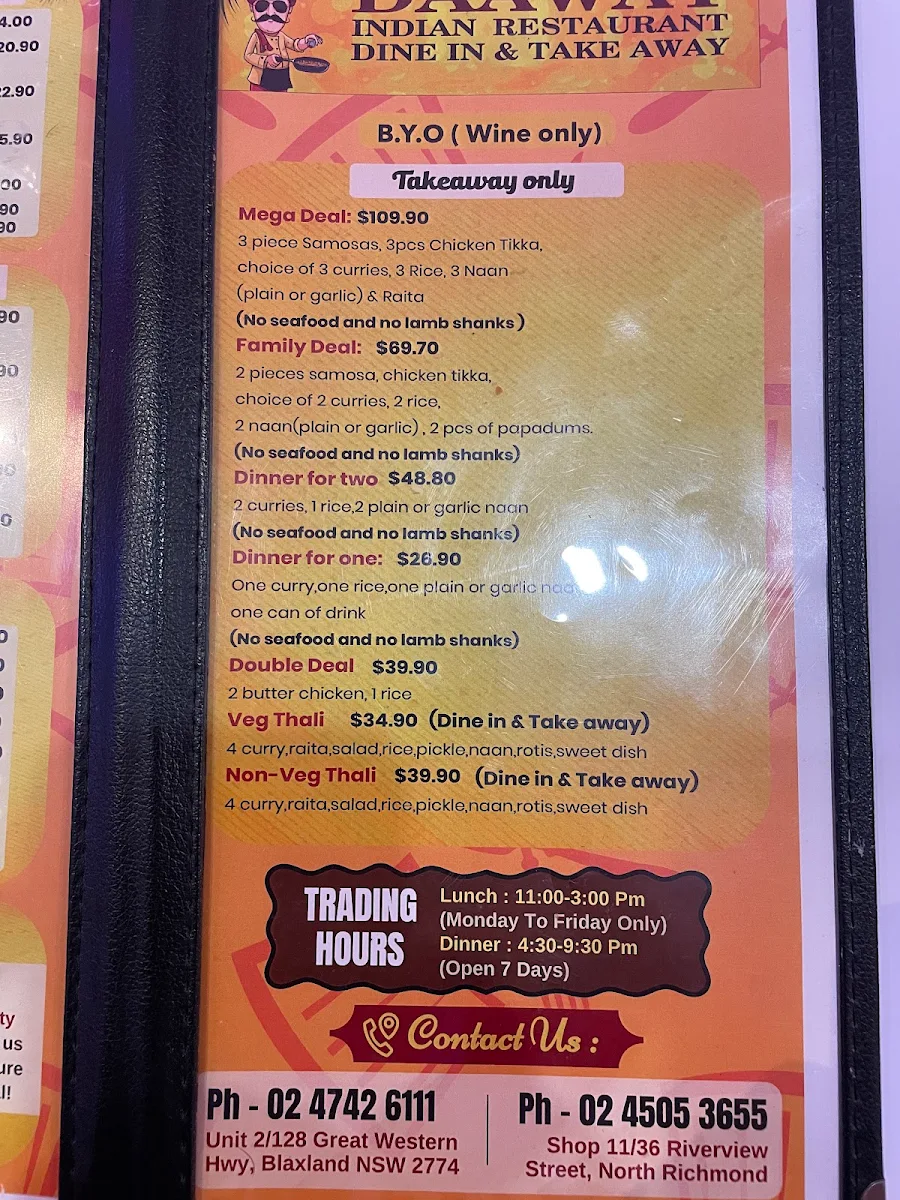 Menu, DAAWAT INDIAN RESTAURANT - NORTH RICHMOND