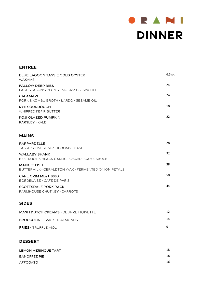 Menu, ORANI Restaurant