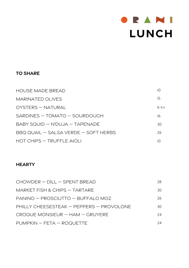Menu, ORANI Restaurant