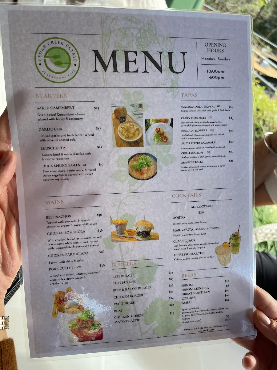 Menu, Cedar Creek Estate Restaurant & Cafe