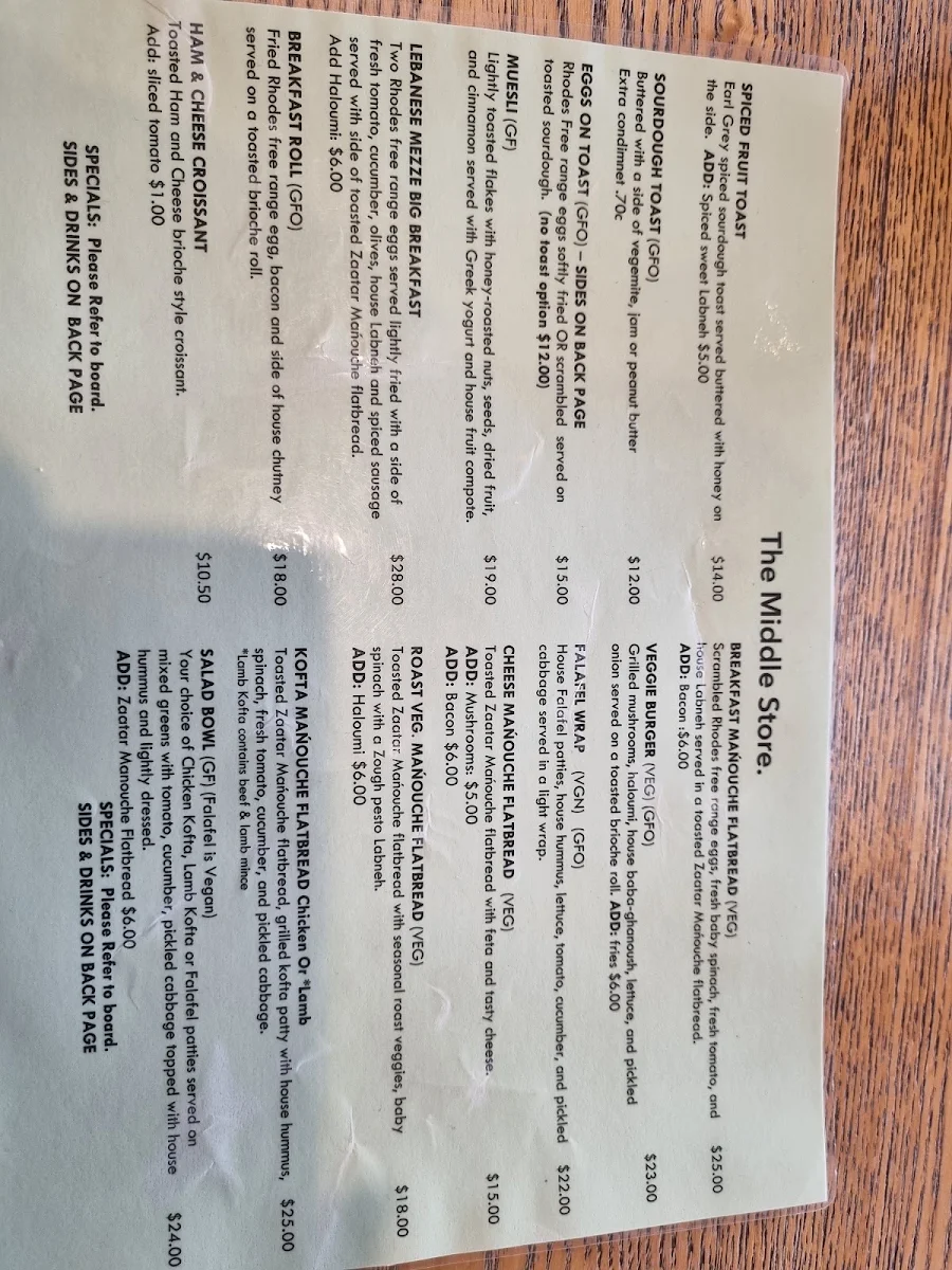 Menu, The Middle Store