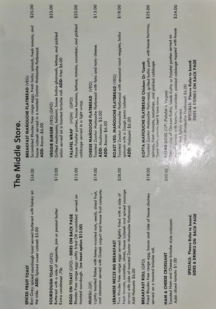 Menu, The Middle Store