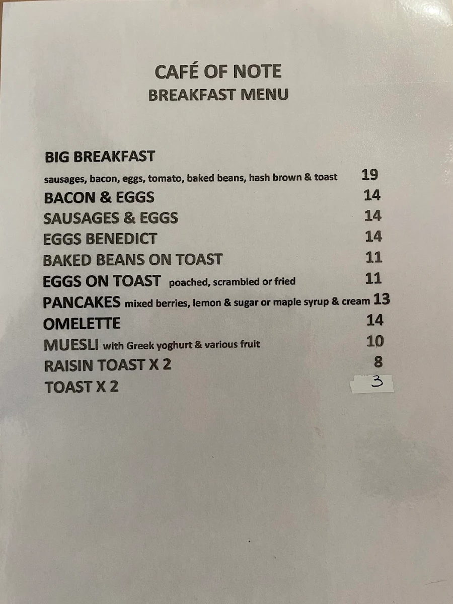 Menu, Cafe of Note