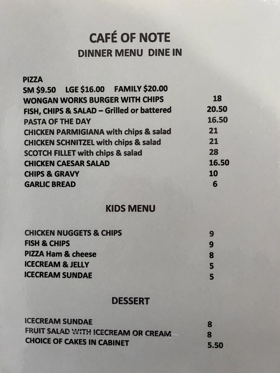 Menu, Cafe of Note