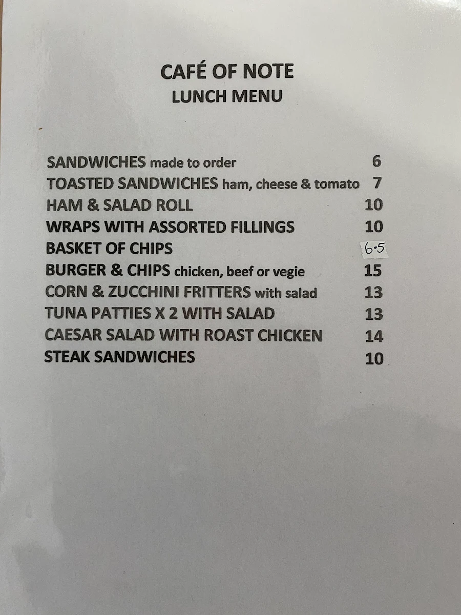 Menu, Cafe of Note