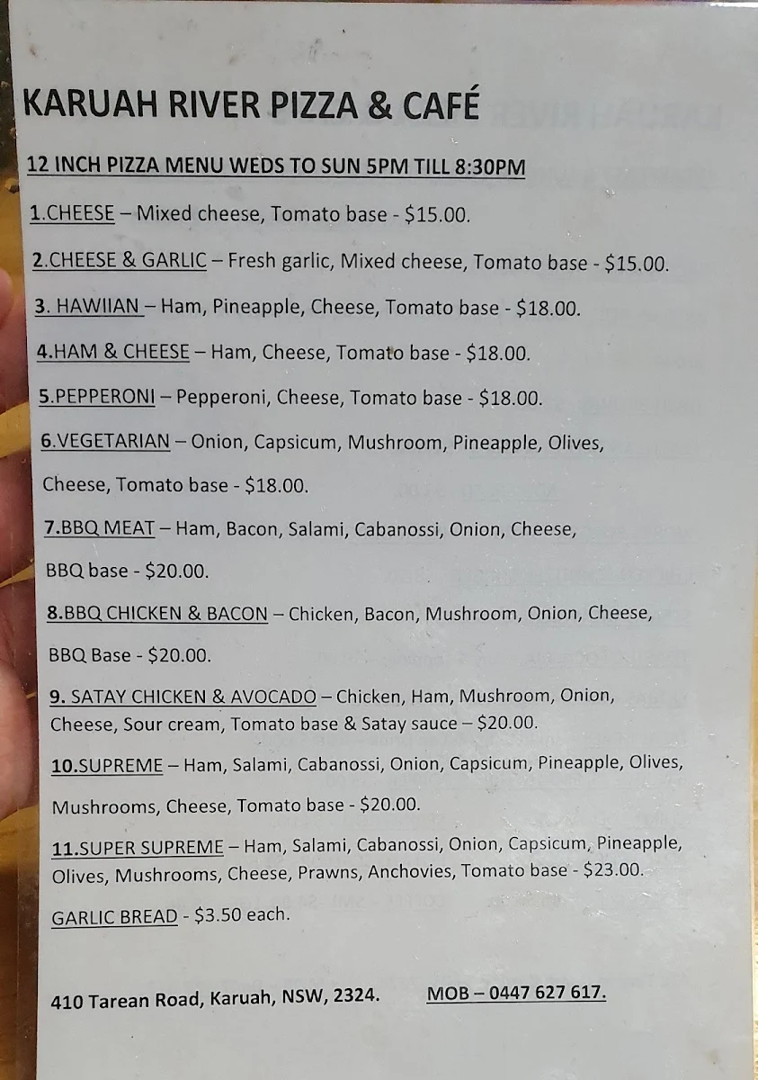 Menu, Karuah Pizzeria