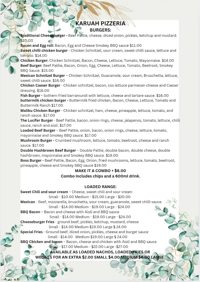 Menu, Karuah Pizzeria