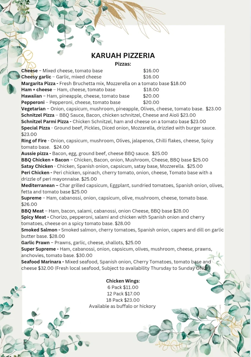 Menu, Karuah Pizzeria