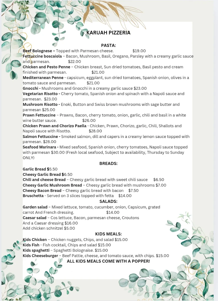 Menu, Karuah Pizzeria