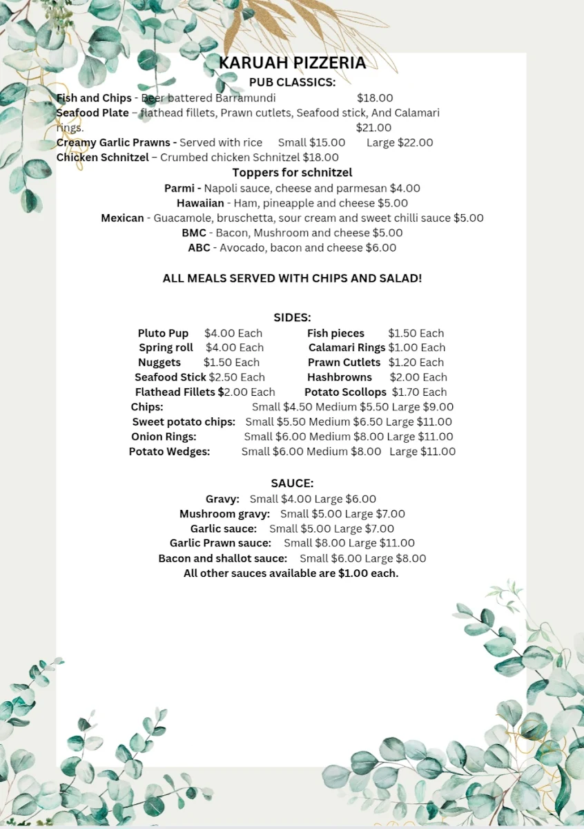 Menu, Karuah Pizzeria