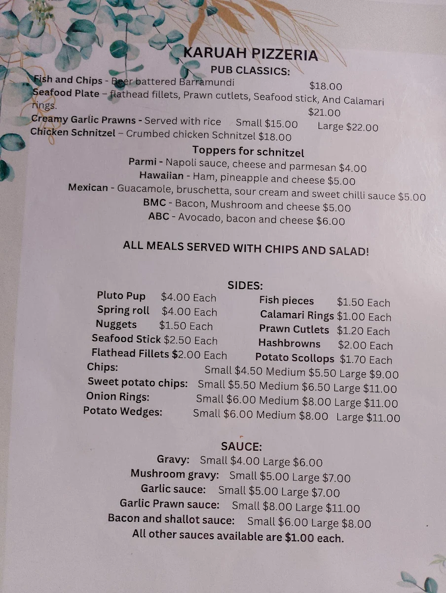 Menu, Karuah Pizzeria