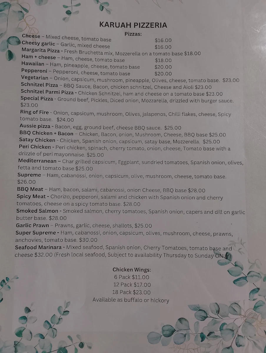 Menu, Karuah Pizzeria