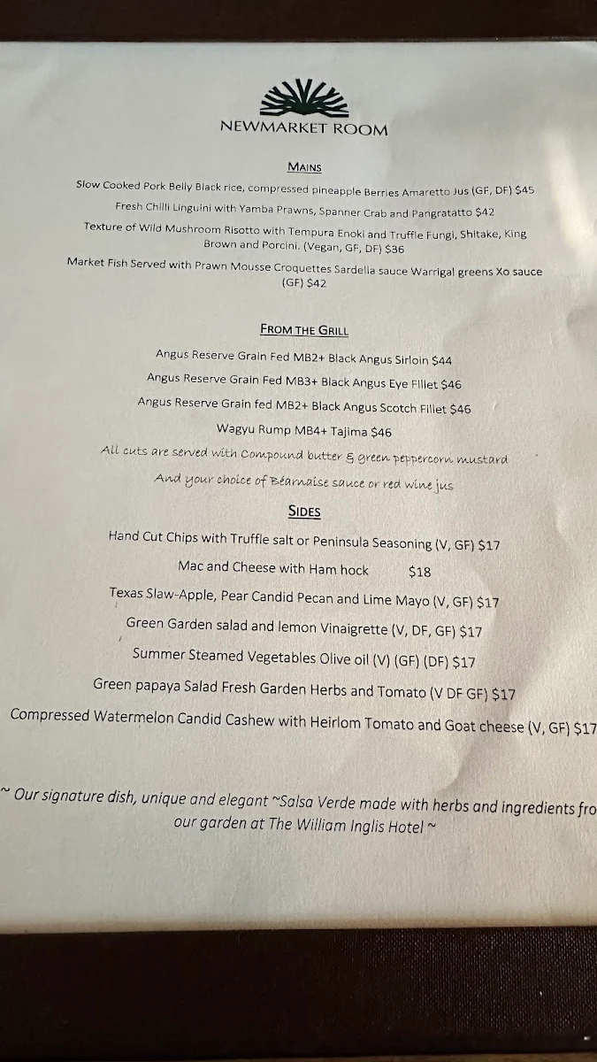 Menu, NEWMARKET ROOM