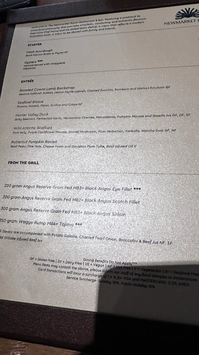Menu, NEWMARKET ROOM