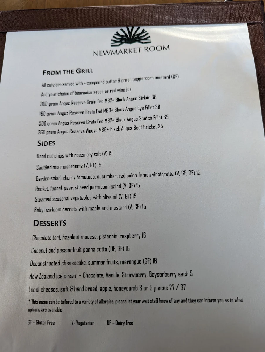 Menu, NEWMARKET ROOM