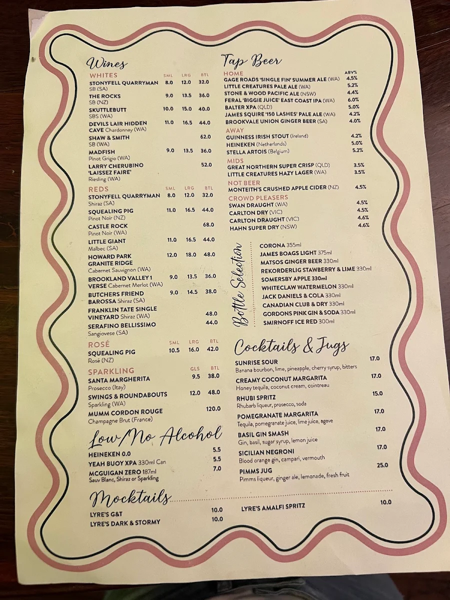 Menu, Brass Monkey Hotel