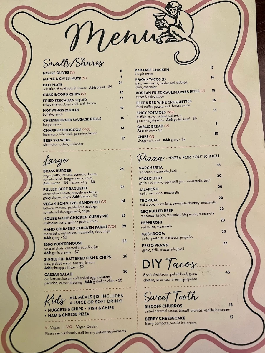 Menu, Brass Monkey Hotel