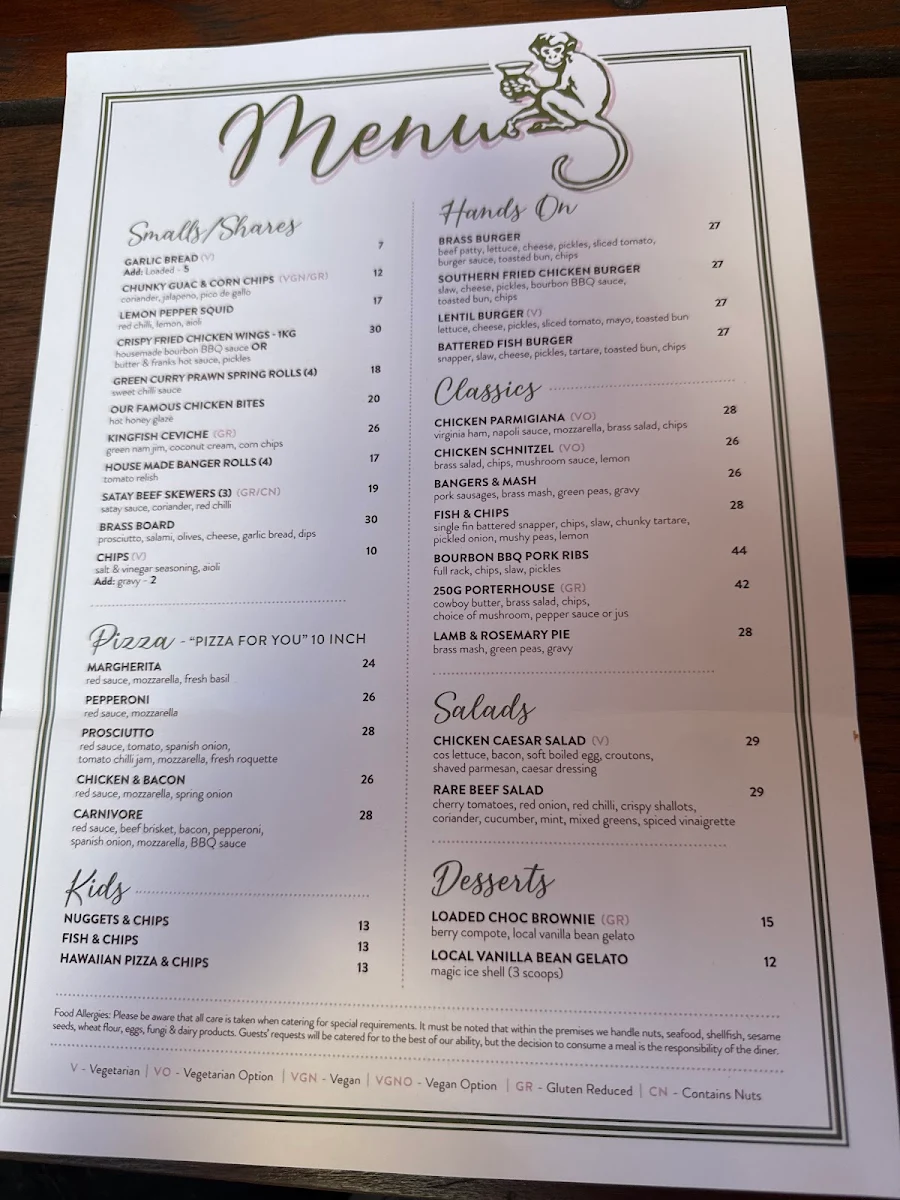 Menu, Brass Monkey Hotel