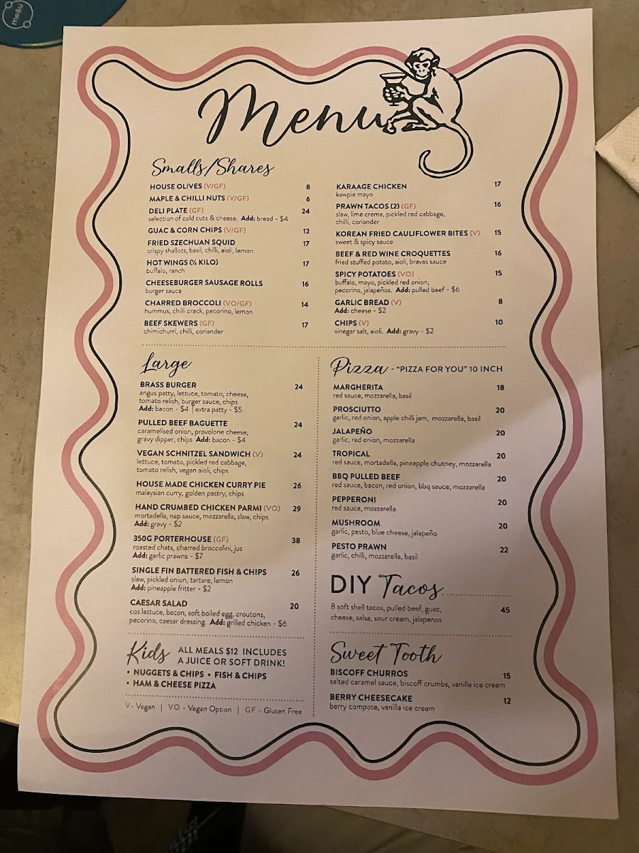 Menu, Brass Monkey Hotel