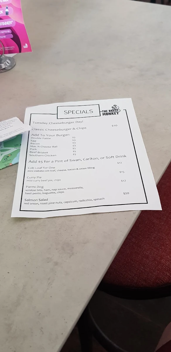 Menu, Brass Monkey Hotel