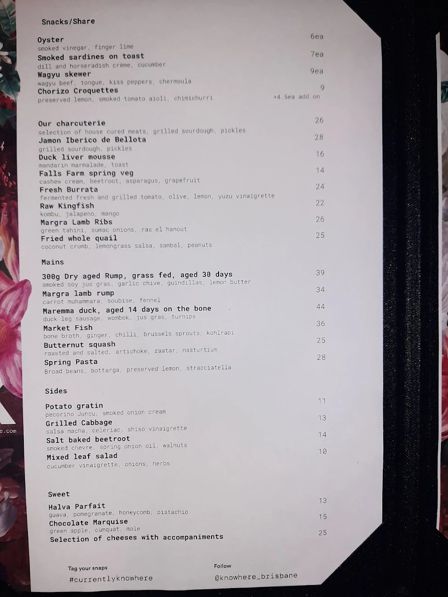 Menu, Knowhere Brisbane