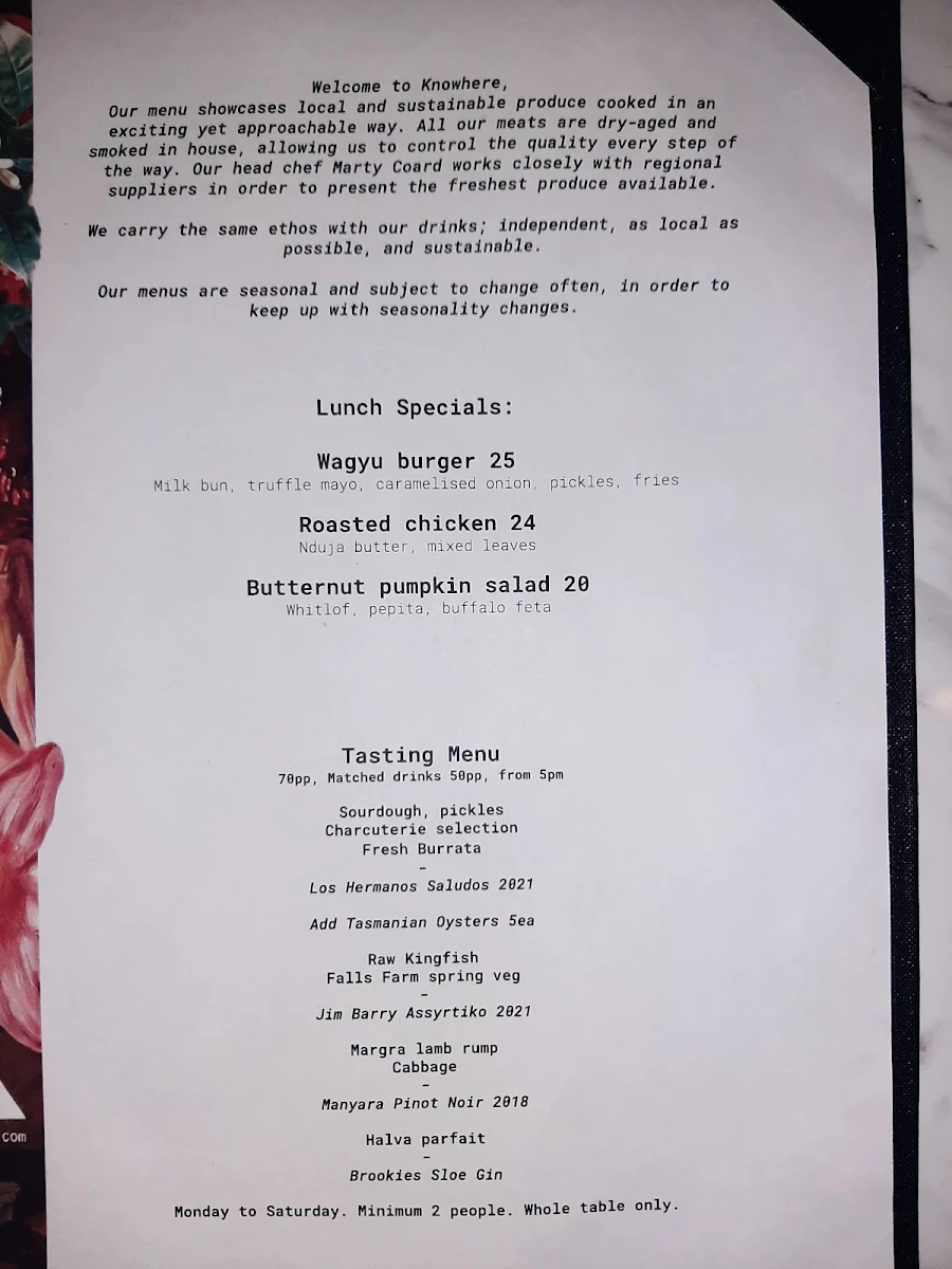 Menu, Knowhere Brisbane