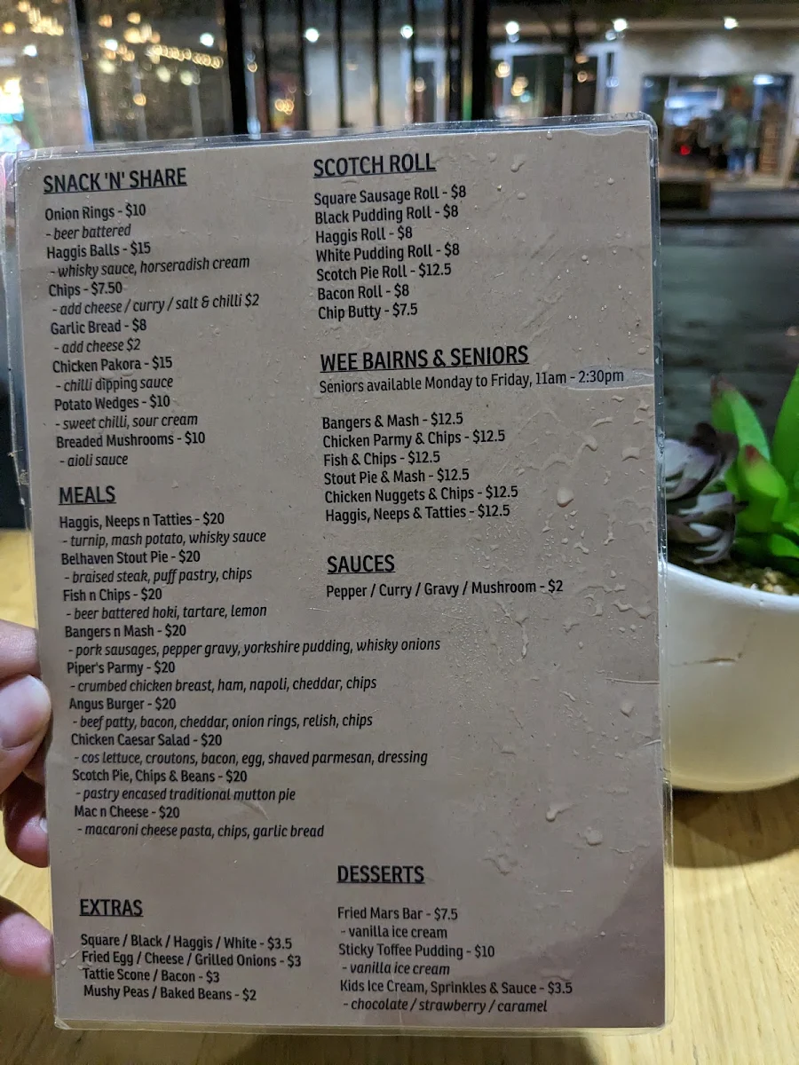 Menu, The Pipers Inn