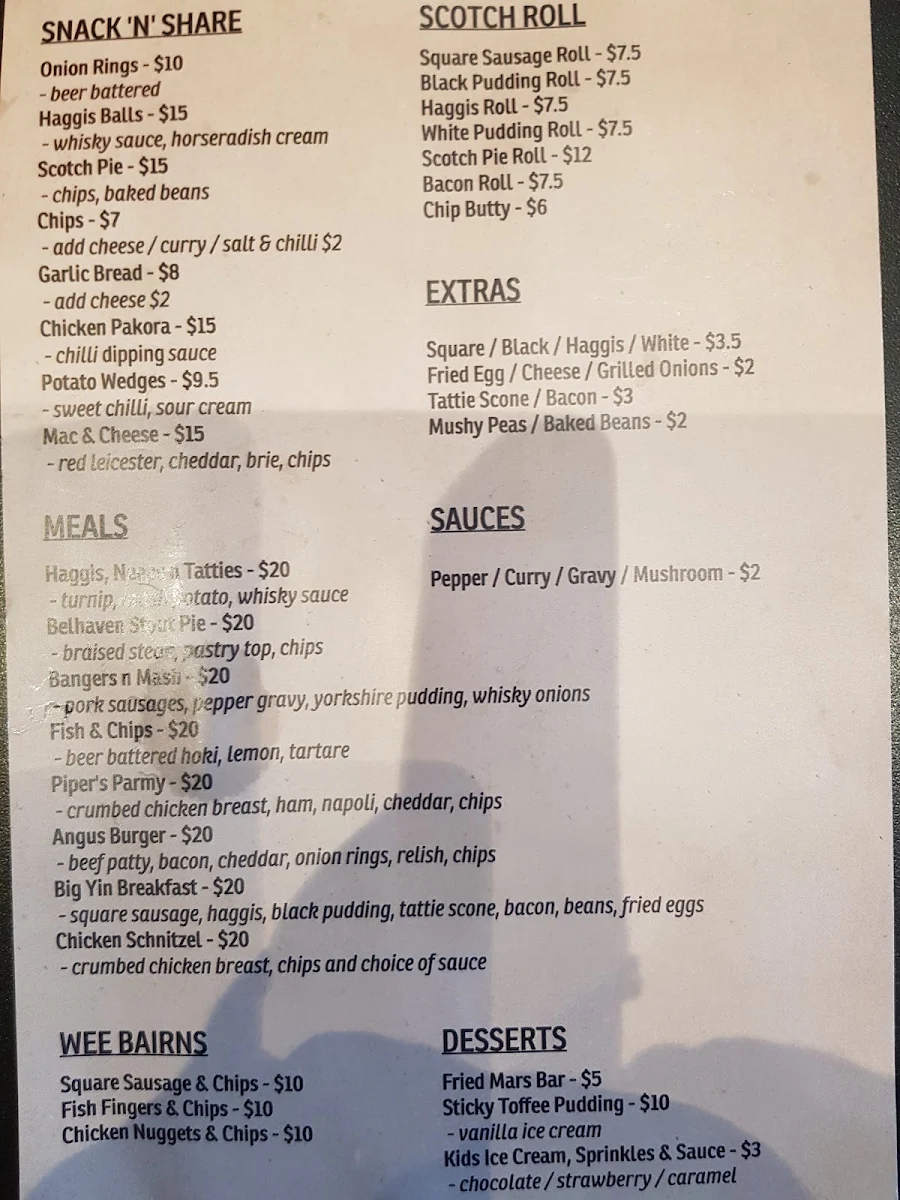 Menu, The Pipers Inn