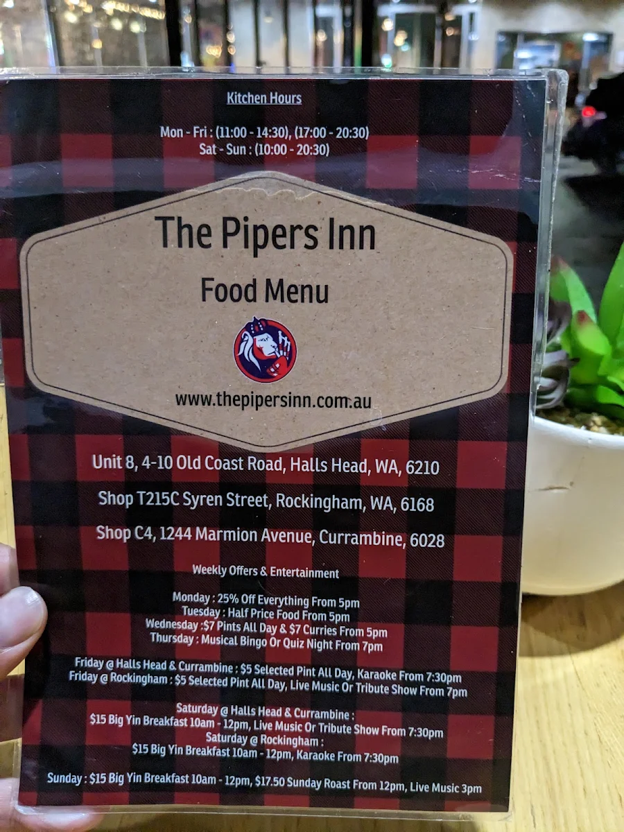 Menu, The Pipers Inn