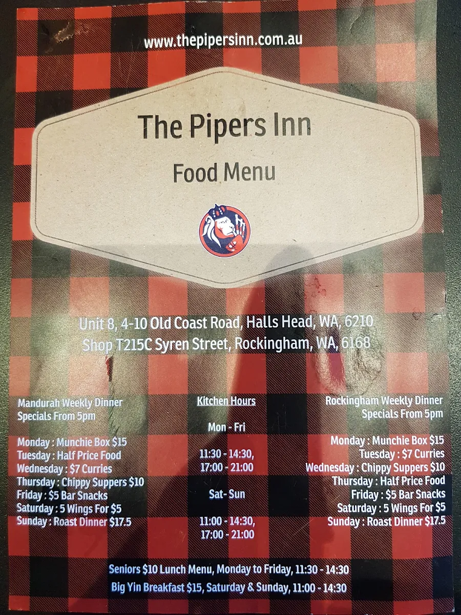 Menu, The Pipers Inn
