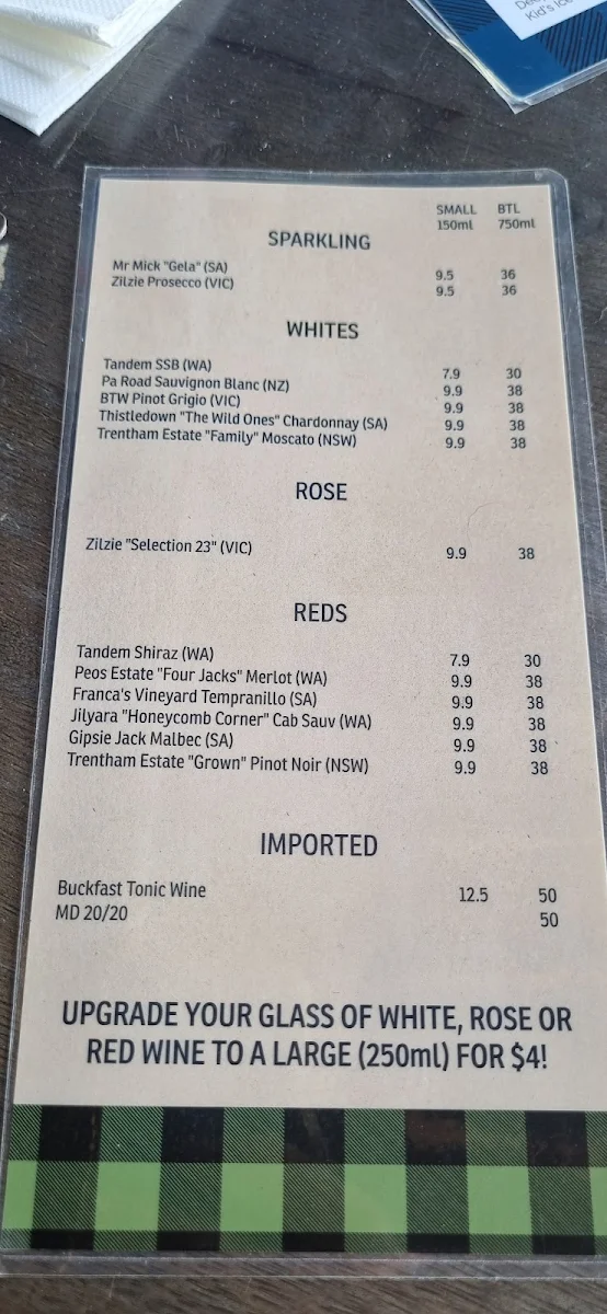 Menu, The Pipers Inn