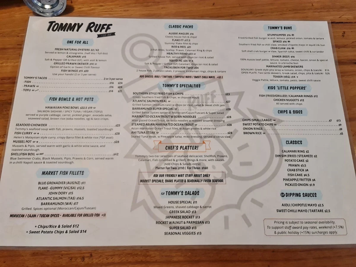 Menu, Tommy Ruff Fishbar (Mordialloc)
