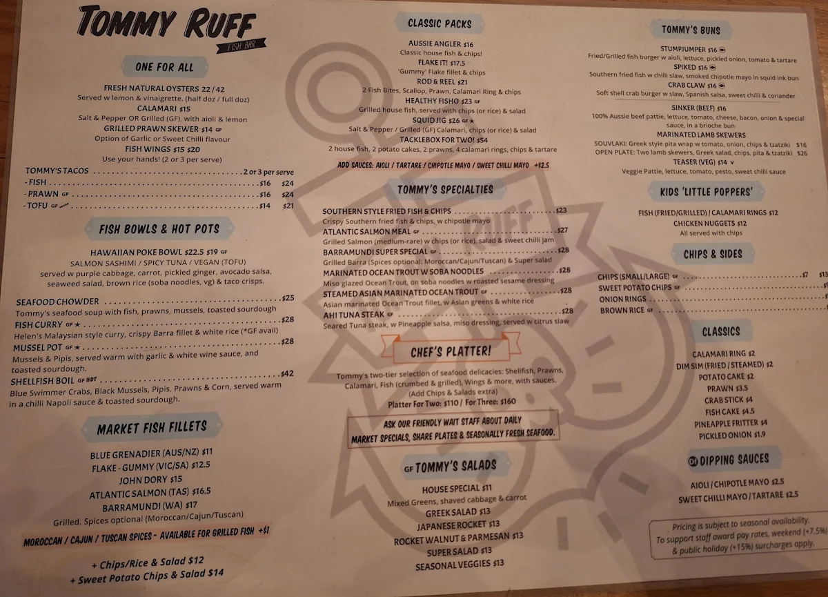 Menu, Tommy Ruff Fishbar (Mordialloc)