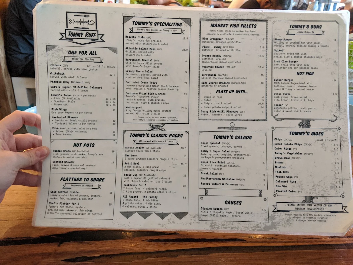 Menu, Tommy Ruff Fishbar (Mordialloc)