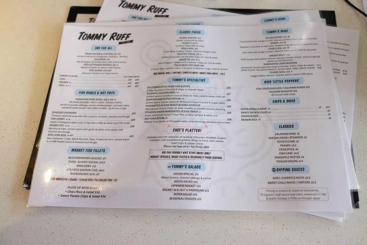 Menu, Tommy Ruff Fishbar (Mordialloc)