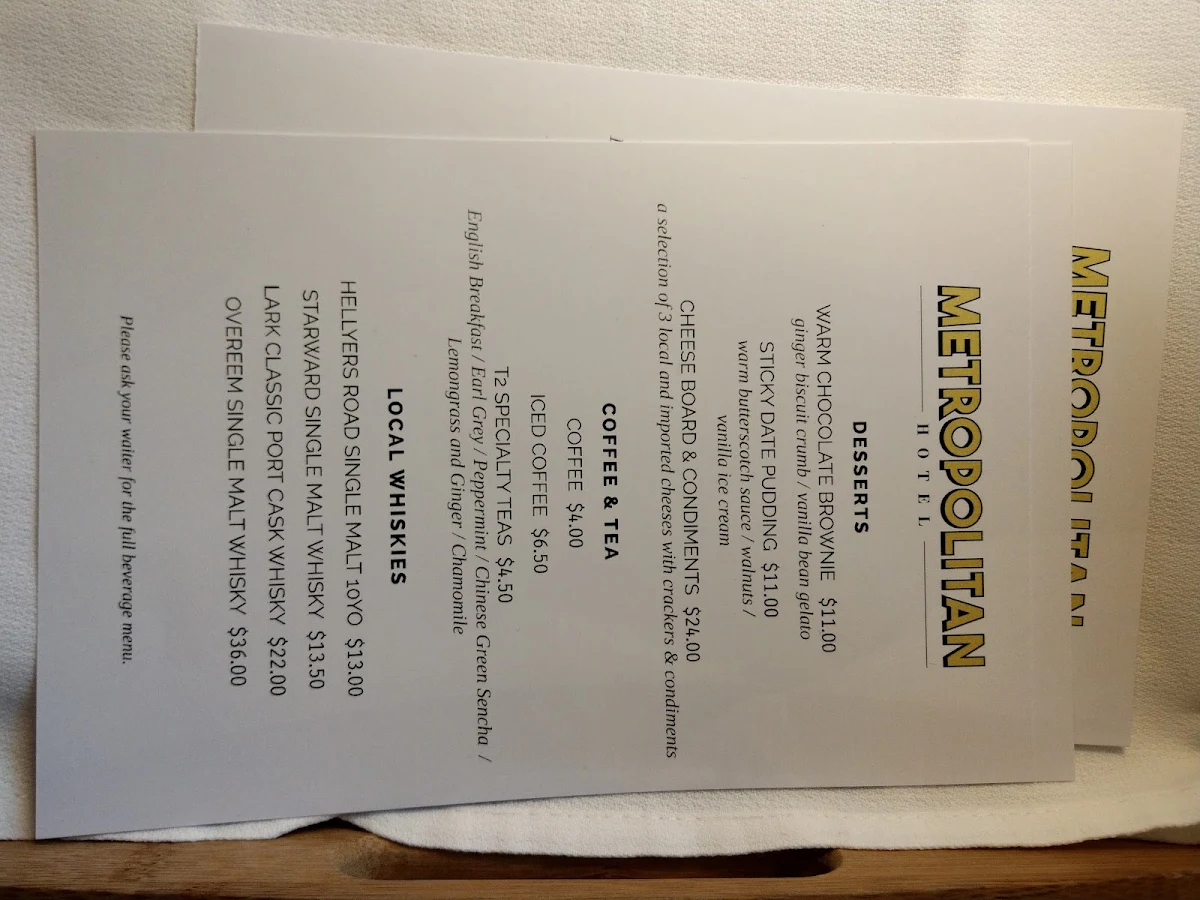 Menu, The Metropolitan Hotel