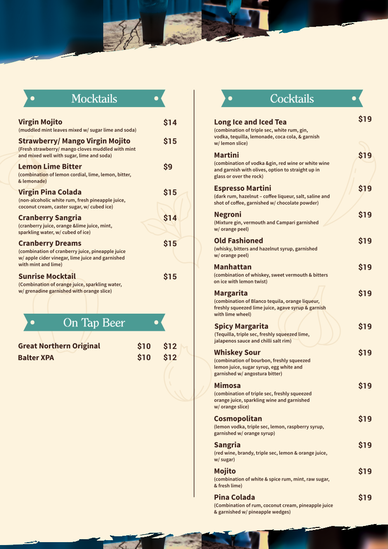 Menu, Lexi's Cafe & bar
