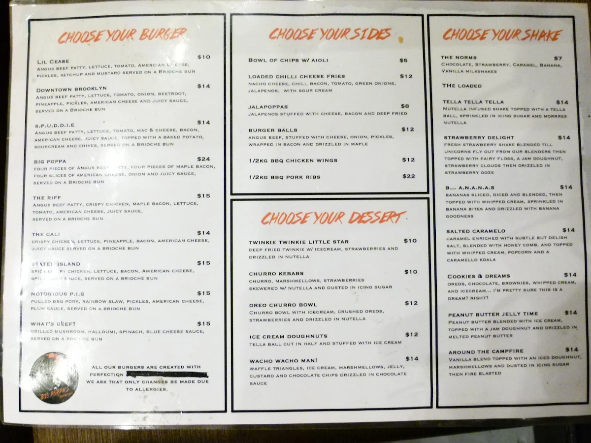 Menu, Downtown Brooklyn Burgers