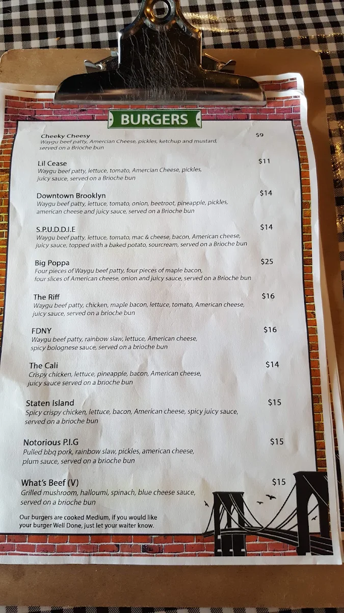 Menu, Downtown Brooklyn Burgers